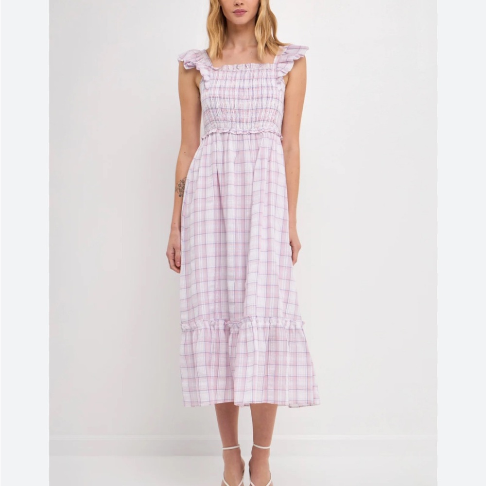 English Factory Lavender & White Gingham Ruffle Midi Dress